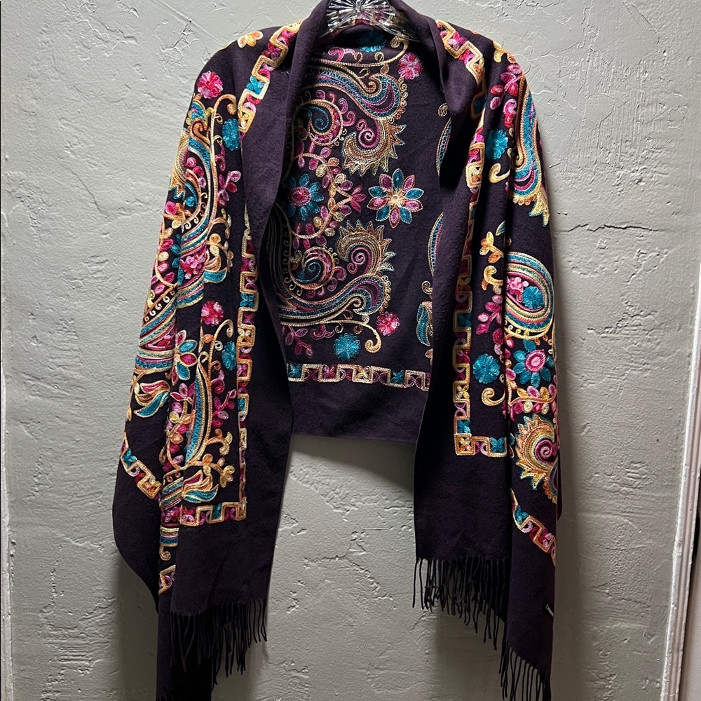 Luxury Boho Cashmere Embroidered Shawl Wrap  Paisley Fringe Scarf  Statement